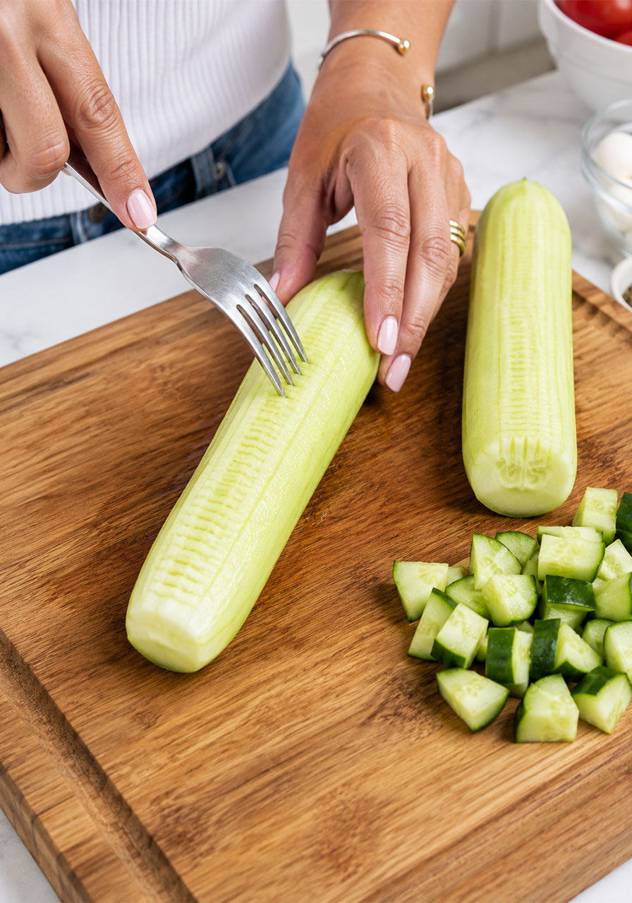 Fork-scoring a peeled English cucumber to prep for easy cucumber caprese salad