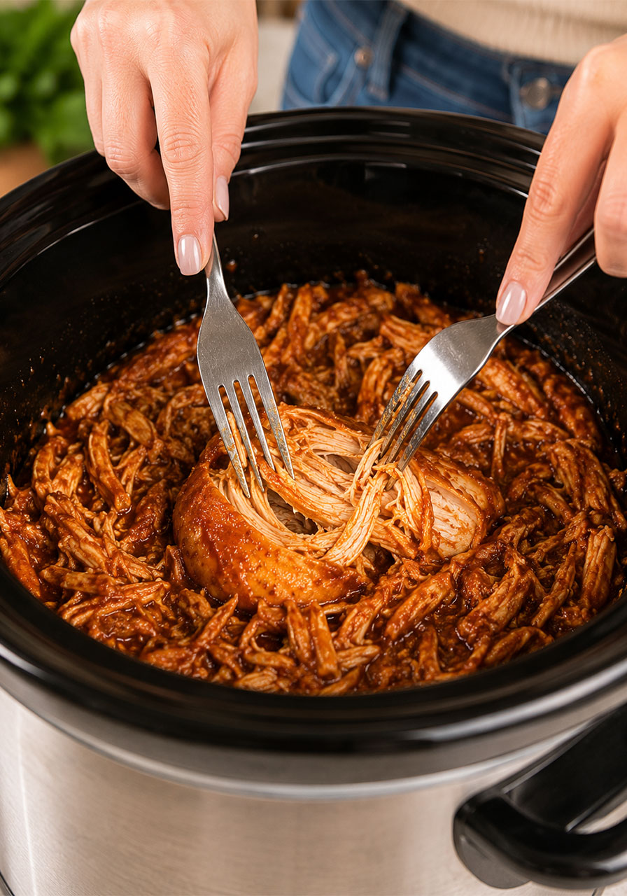 Shredding slow cooker BBQ chicken with two forks directly in crockpot to soak up the sauce