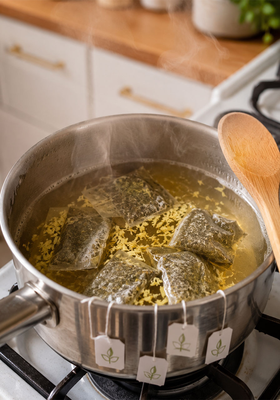 Steeping green tea bags and fresh ginger in simmering water to make iced orange ginger green tea