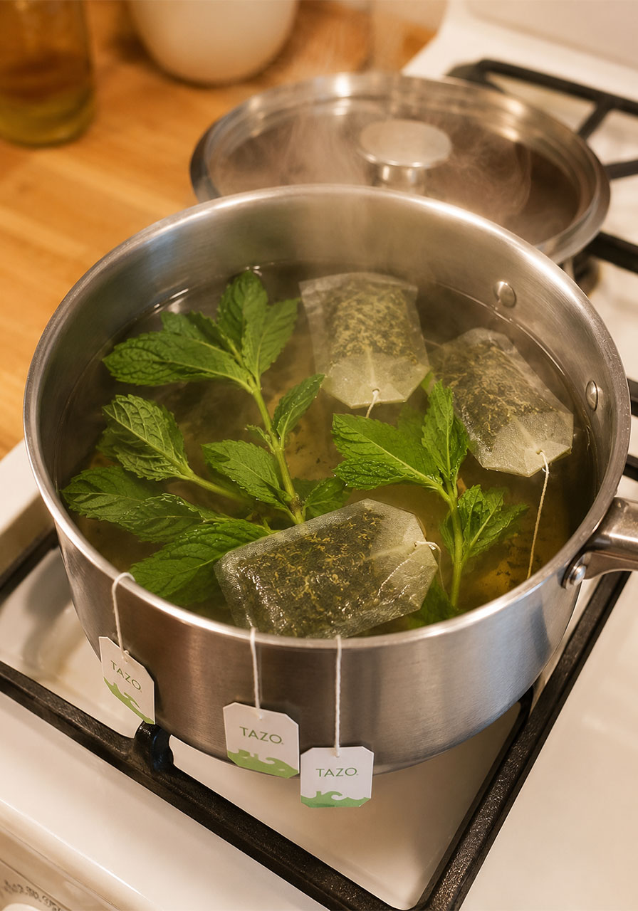 Steeping green tea bags and fresh mint in hot water to make honey mint iced tea