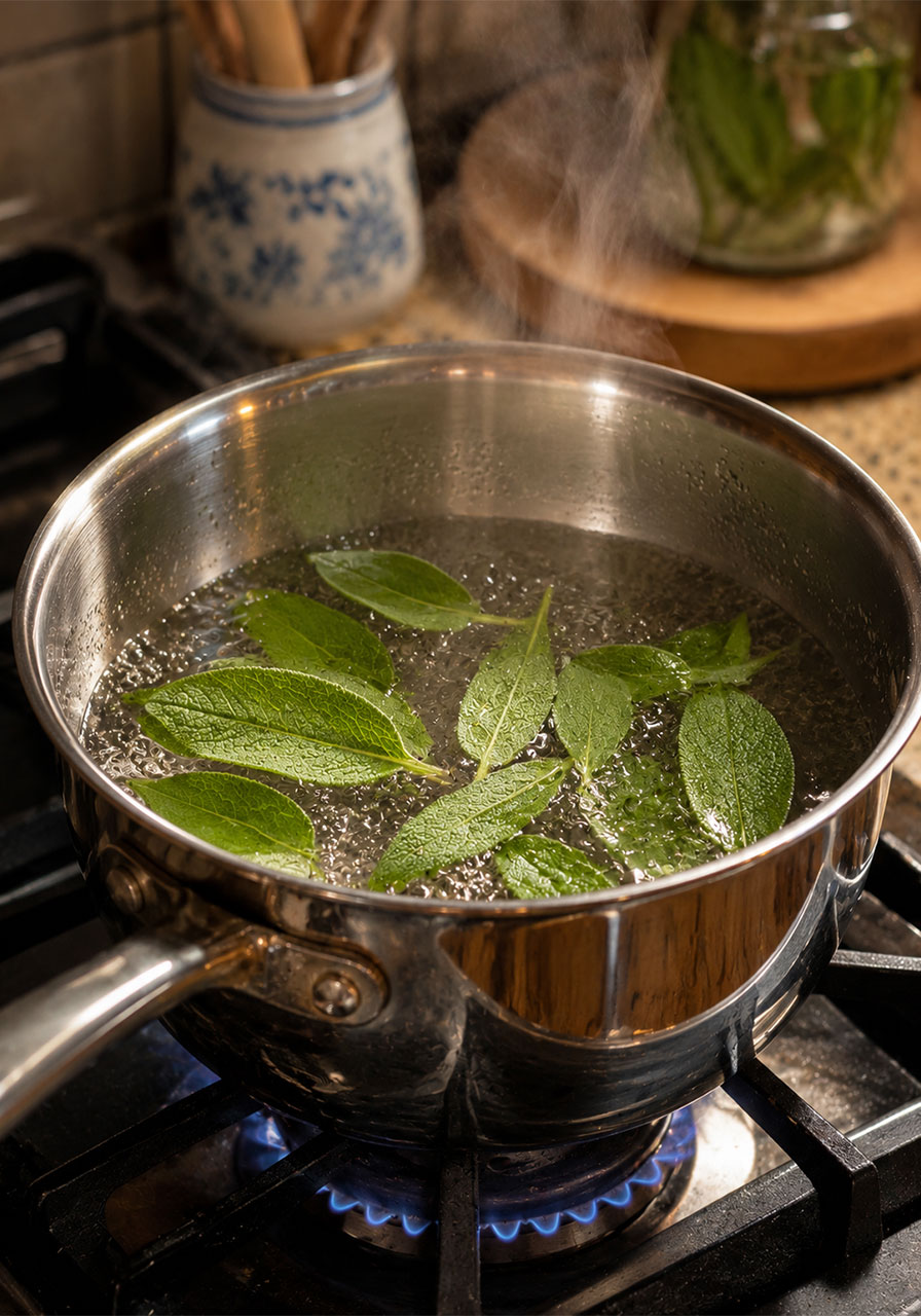 Fresh sage leaves steeping in simmering water in a saucepan for blackberry sage iced tea
