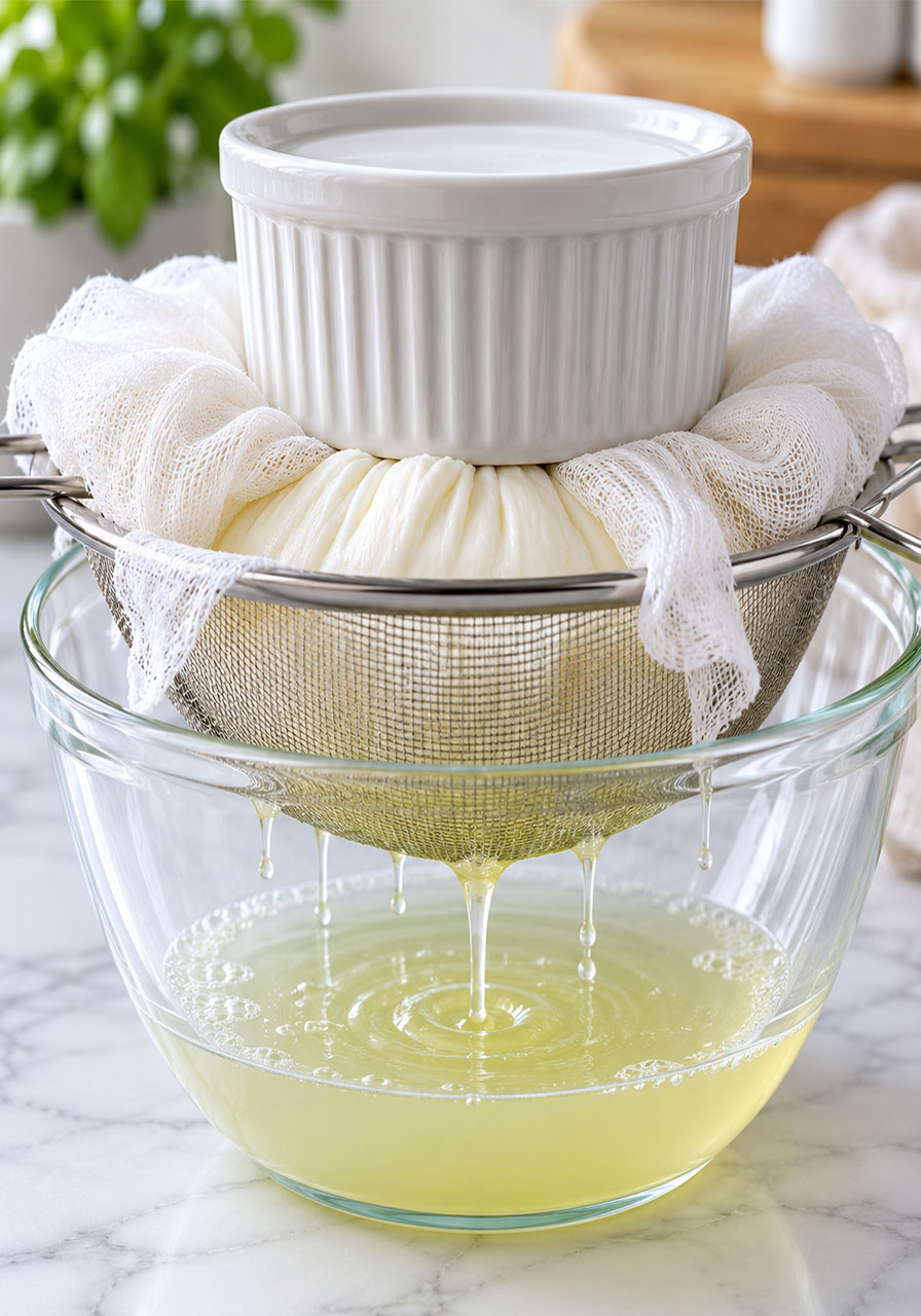Straining Greek yogurt through cheesecloth in a mesh strainer over a bowl to make thick low-fat sandwich spread
