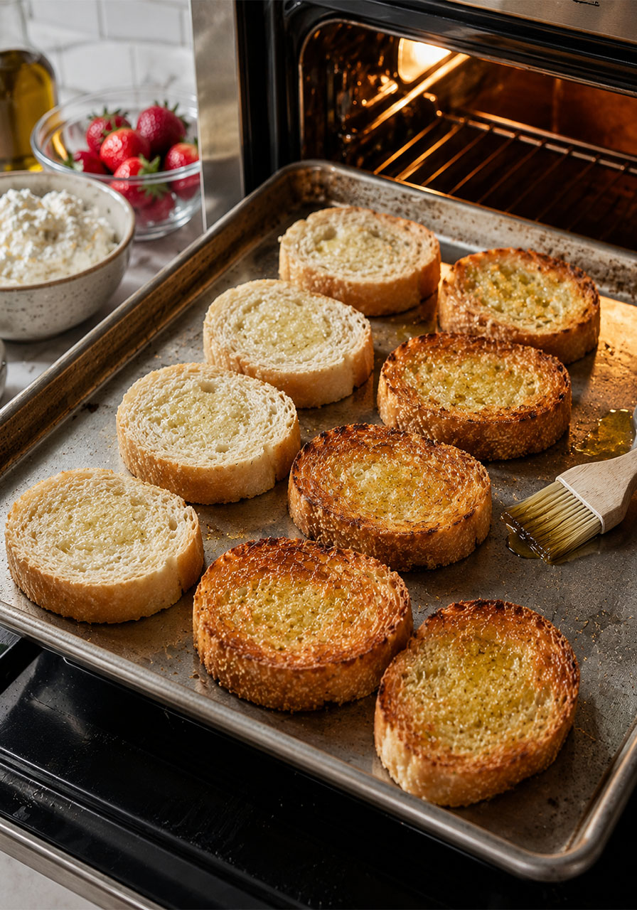 Baguette rounds brushed with olive oil on baking sheet being toasted in oven for strawberry ricotta bruschetta