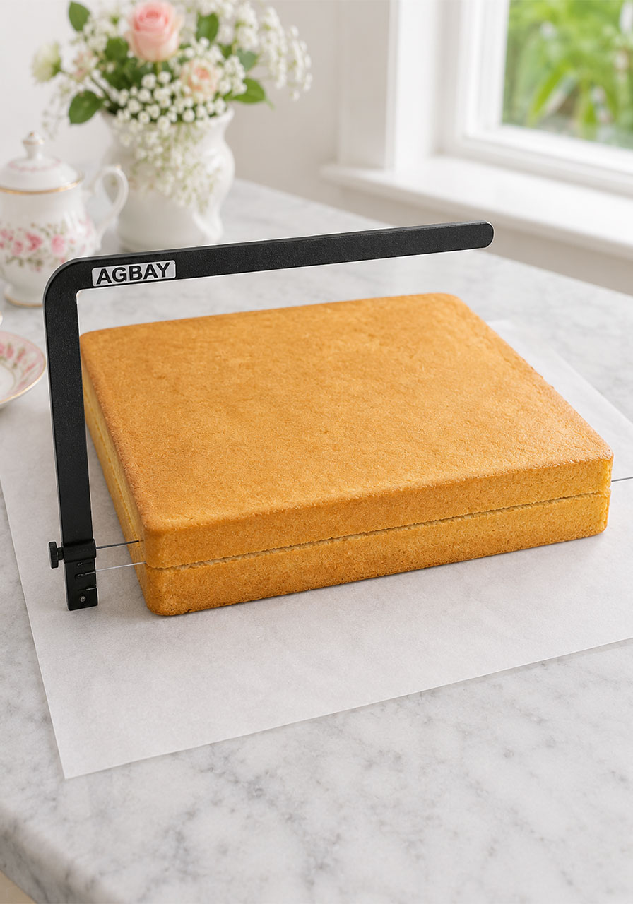 Using an Agbay cake leveler to torte petit fours sheet cake into two even layers
