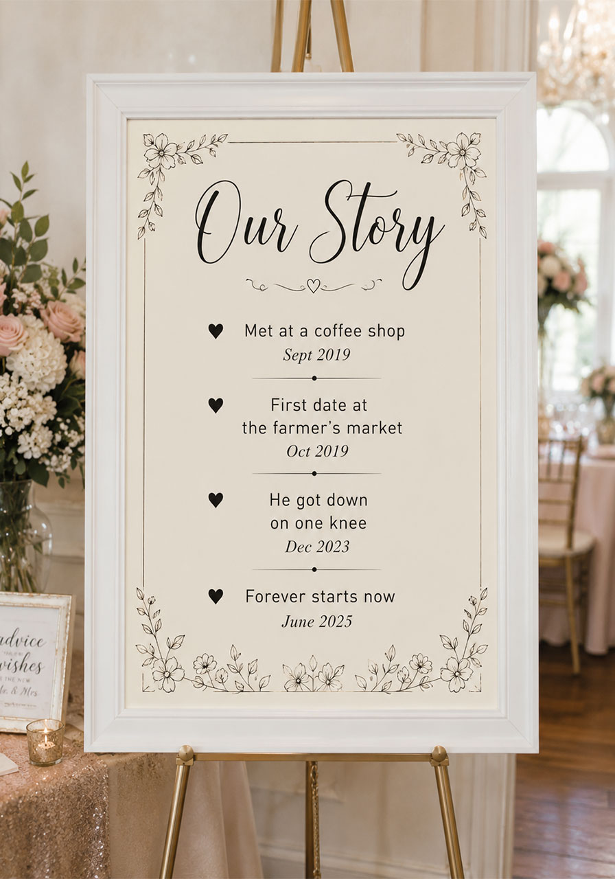 Personalized Our Story timeline sign in white gallery frame on gold easel for bridal shower display