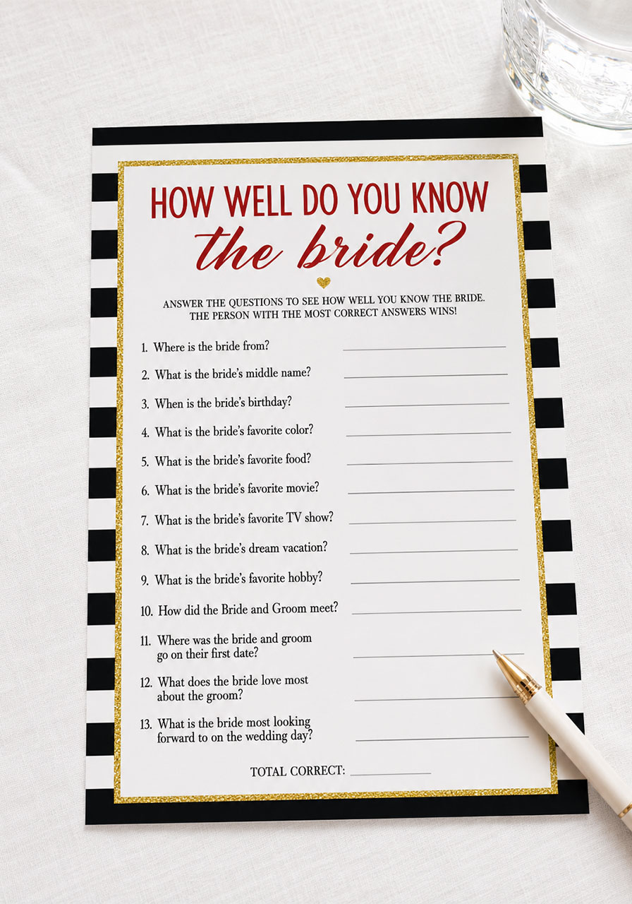 How well do you know the bride questionnaire game card with gold glitter border on white linen – bridal shower game idea
