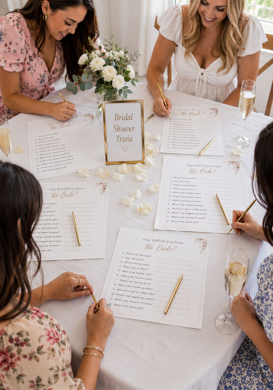 Guests filling out "How Well Do You Know the Bride?" quiz sheets at bridal shower party game