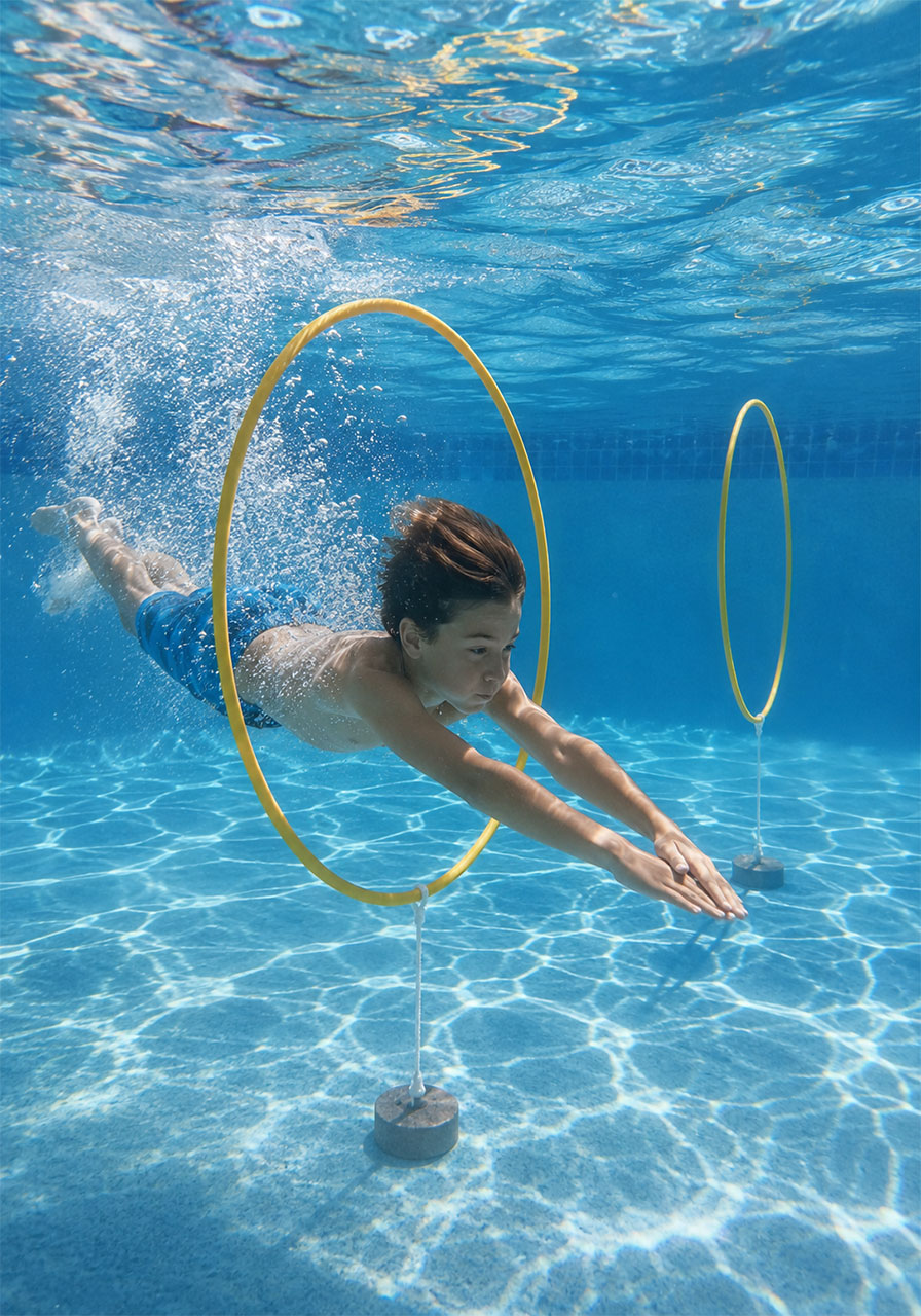 Child swimming through a hula hoop underwater obstacle course in a backyard pool at a summer pool party