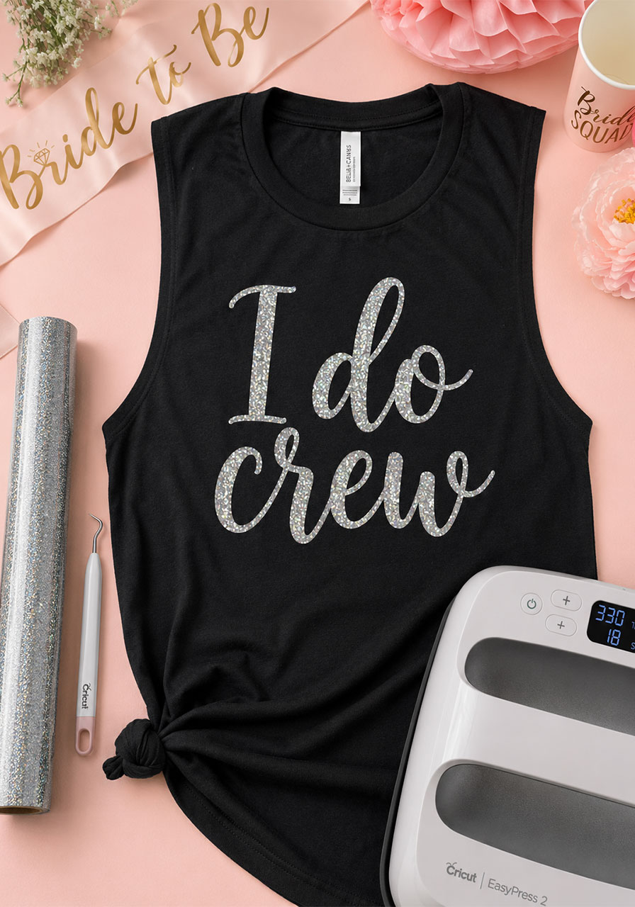 DIY "I Do Crew" bridesmaid tank top made with Cricut glitter iron-on vinyl — bridal shower shirt idea