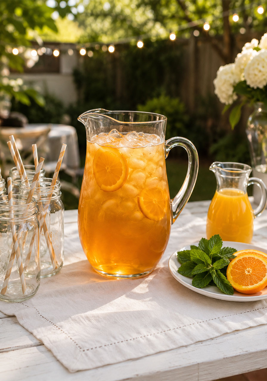 Iced orange ginger green tea party drink station with mason jars, fresh mint garnish, and orange slices for self-serve guests