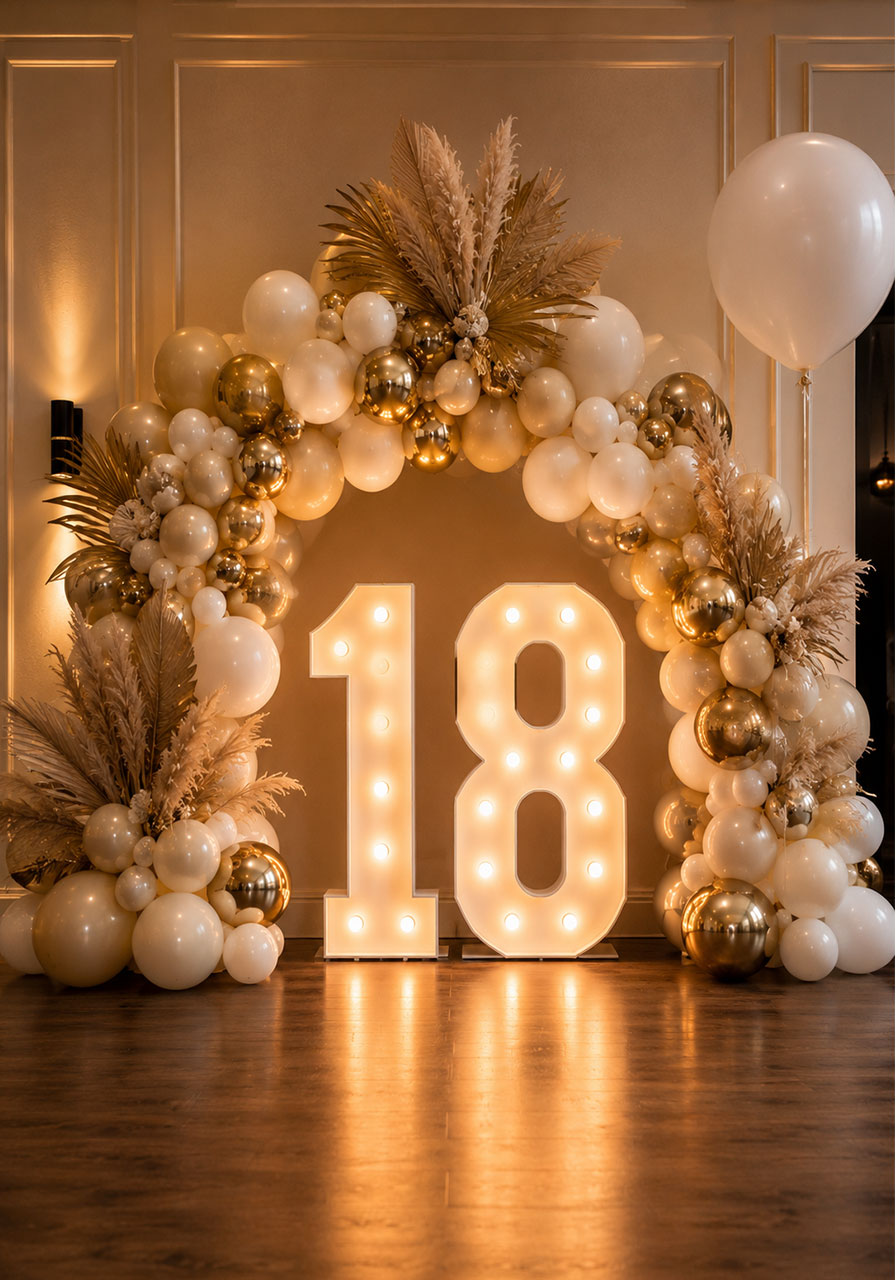 Illuminated marquee number 18 with gold and white organic balloon arch and pampas grass for 18th birthday decor
