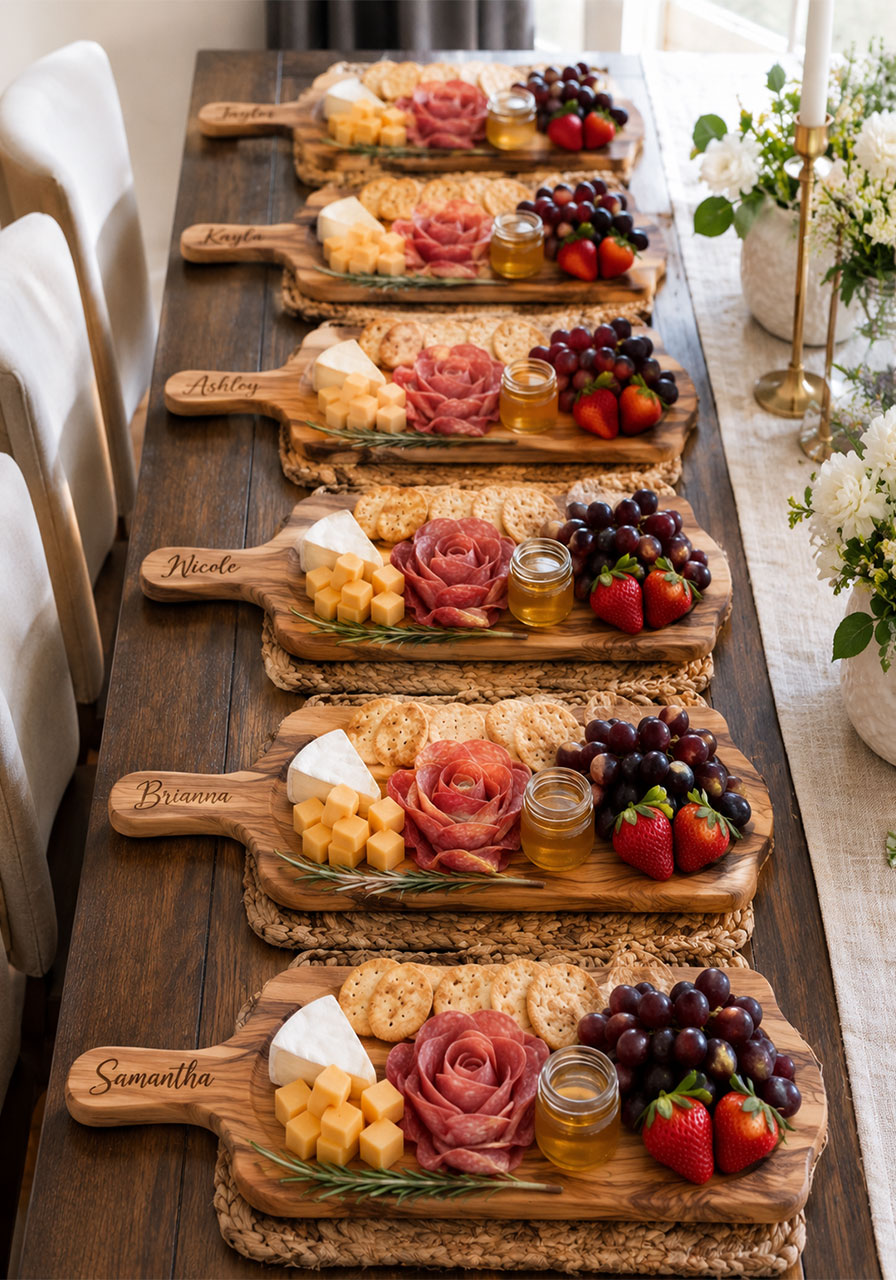Six personalized individual charcuterie paddle boards with meats, cheeses, fruit, and honey arranged on a farmhouse table for a bridal shower