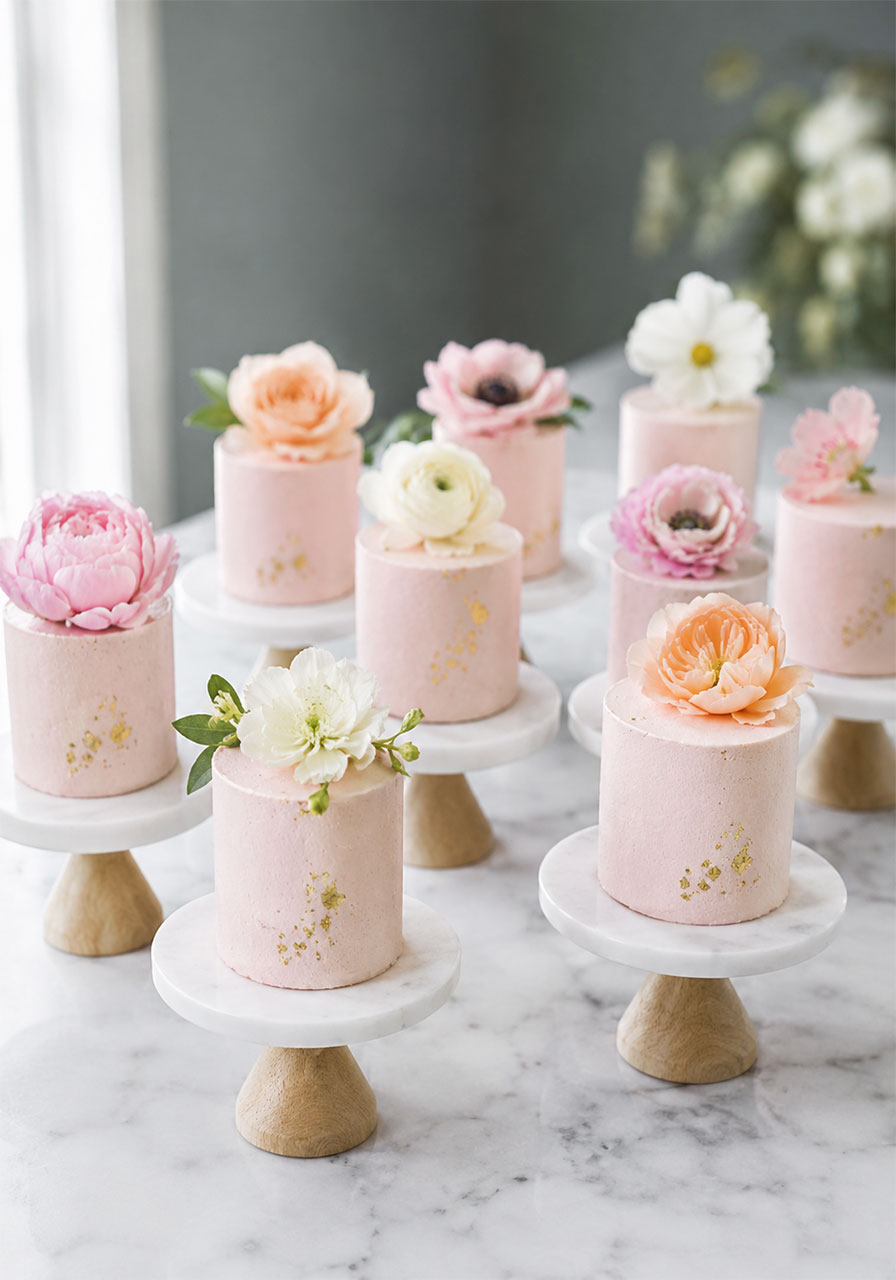 Eight individual blush pink mini cakes topped with fresh flowers on marble stands for a romantic garden bridal shower