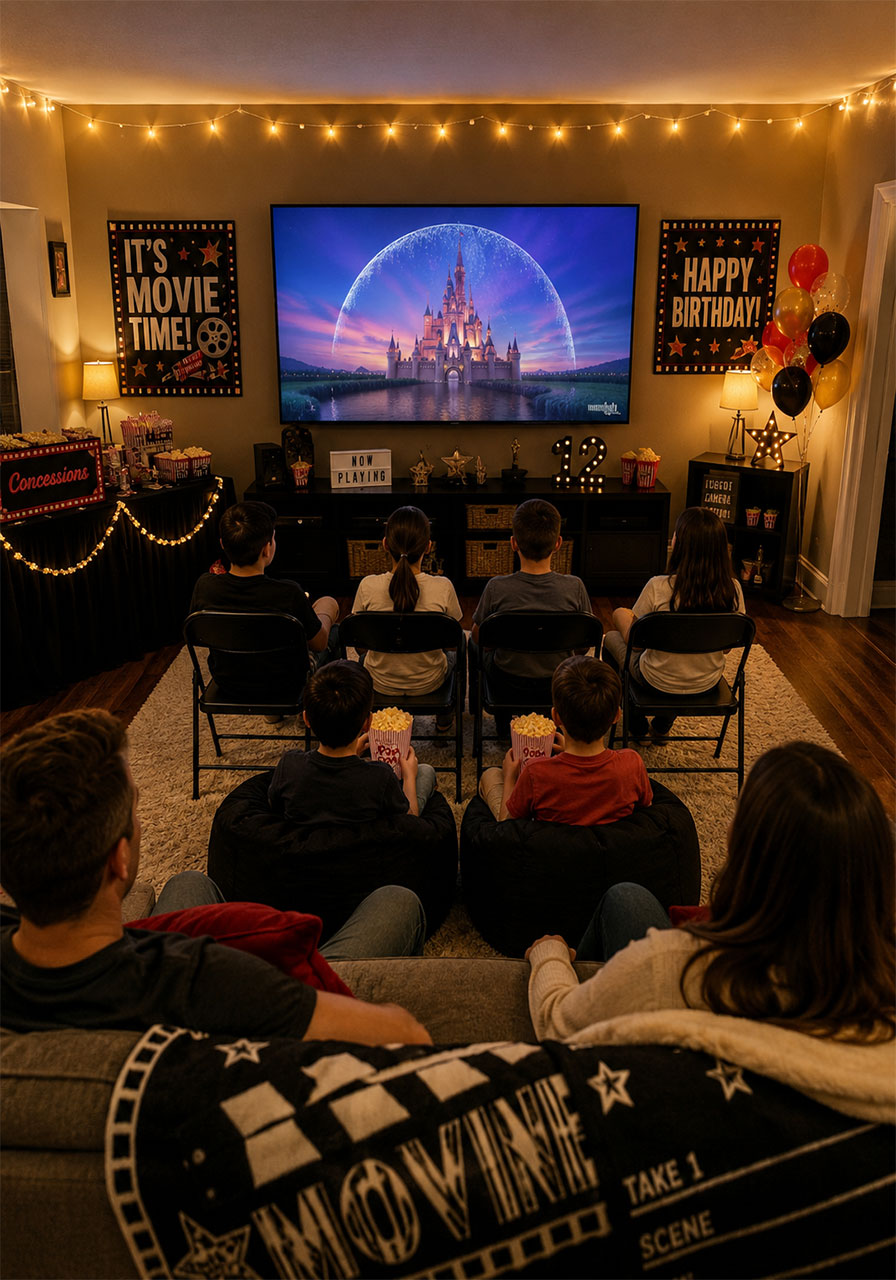 Kids sitting in rows watching a movie at an indoor movie theater birthday party setup