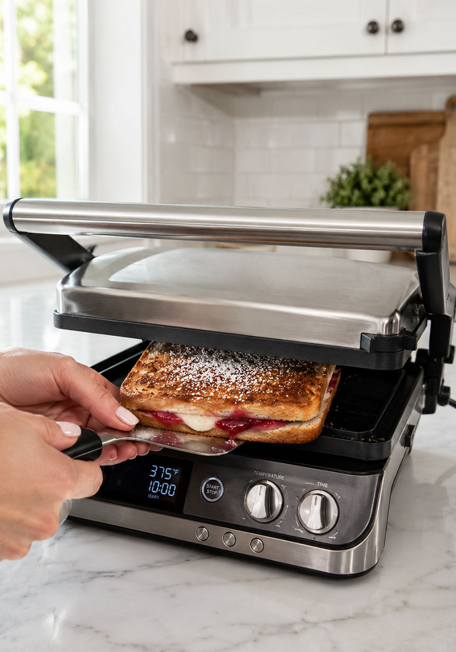 Making a strawberry cheesecake pudgy pie indoors using a panini press as a no-campfire alternative