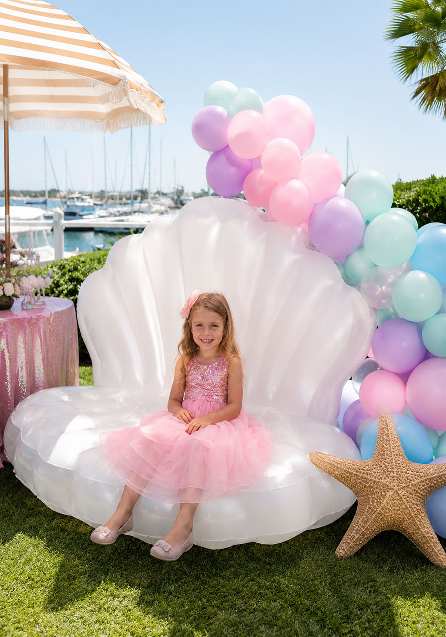 Little girl sitting inside a giant white inflatable clam shell photo prop at an under the sea birthday party