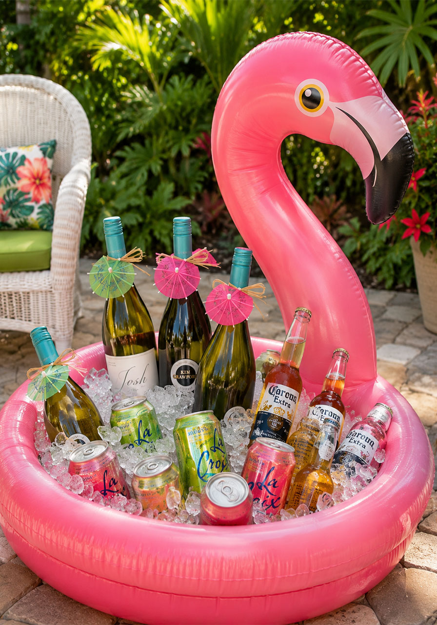 Giant inflatable flamingo drink cooler filled with ice and tropical beverages for a Key West summer party