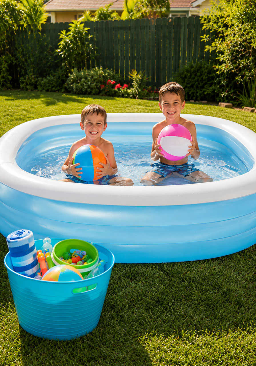 Two young boys playing with beach balls in large inflatable backyard pool at pools and popsicles summer kids party