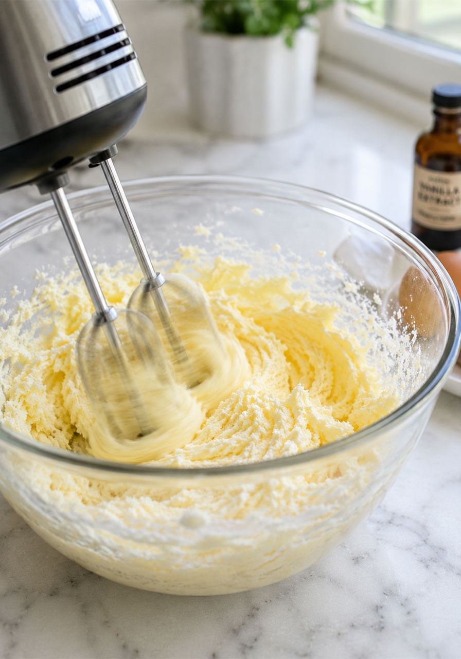 Creaming butter and sugar together with a hand mixer for Irish tea cake batter in a glass mixing bowl