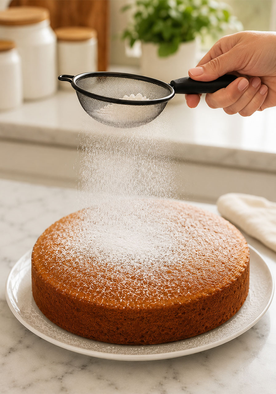 Dusting a freshly baked whole Irish tea cake with confectioner's powdered sugar using a small sifter