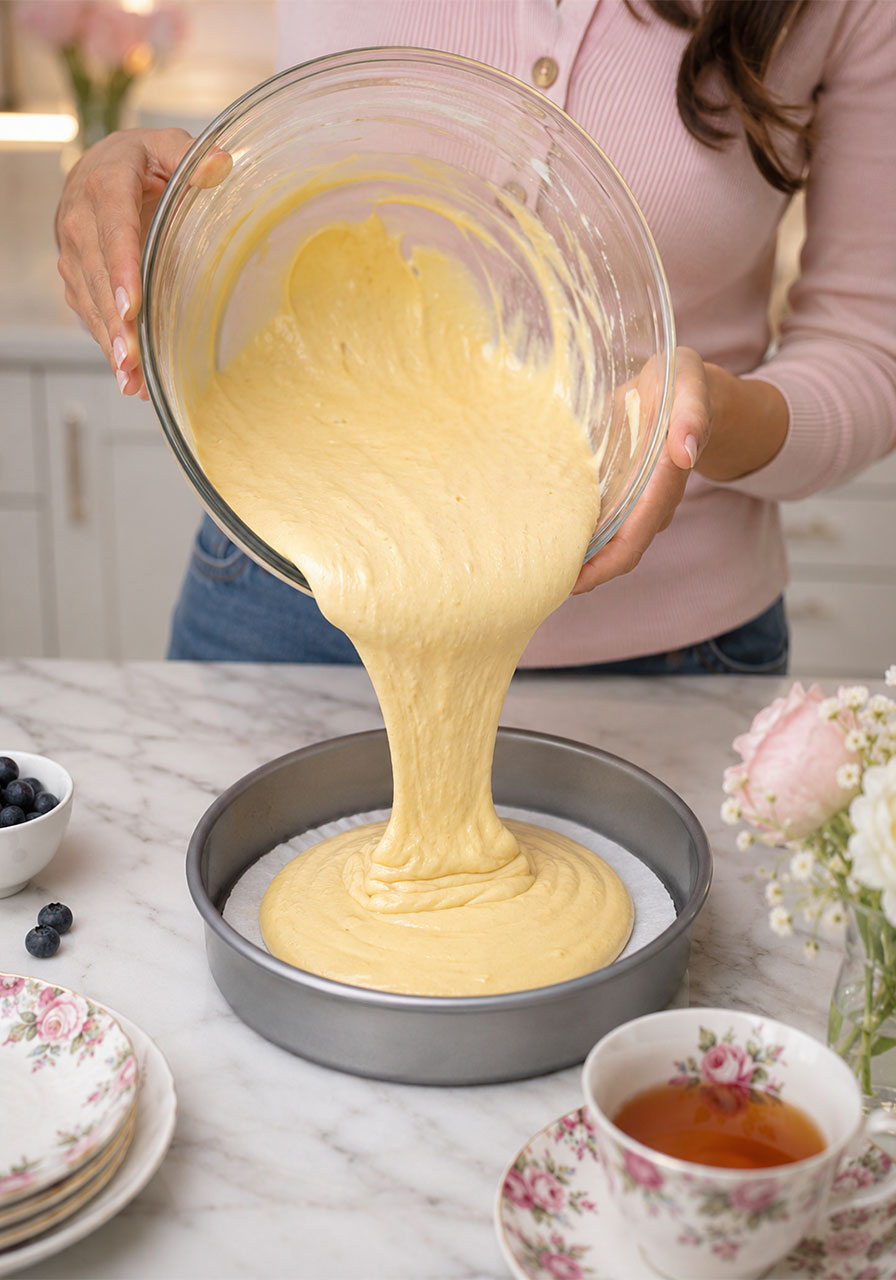 Pouring Irish tea cake batter into a 9-inch round cake pan lined with parchment paper