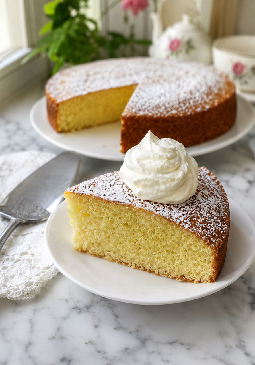 A slice of Irish tea cake dusted with powdered sugar and topped with whipped cream on a white plate