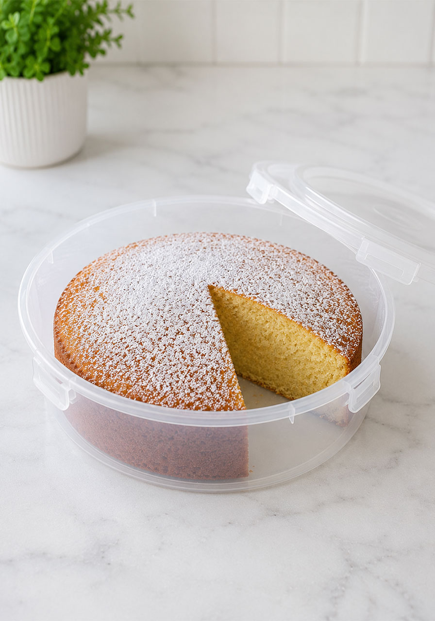 Irish tea cake stored in a clear airtight container at room temperature to keep it fresh for 2 to 3 days