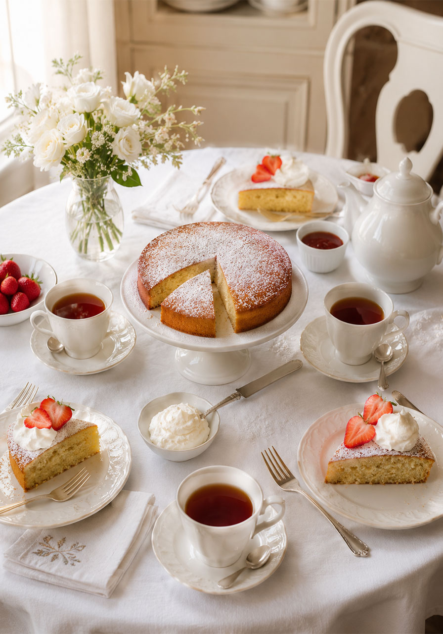 Irish tea cake served on a white cake stand at an afternoon tea party table with teacups and fresh strawberries