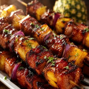 Irresistible pineapple BBQ pork skewers with caramelized glaze and char marks on a white serving platter