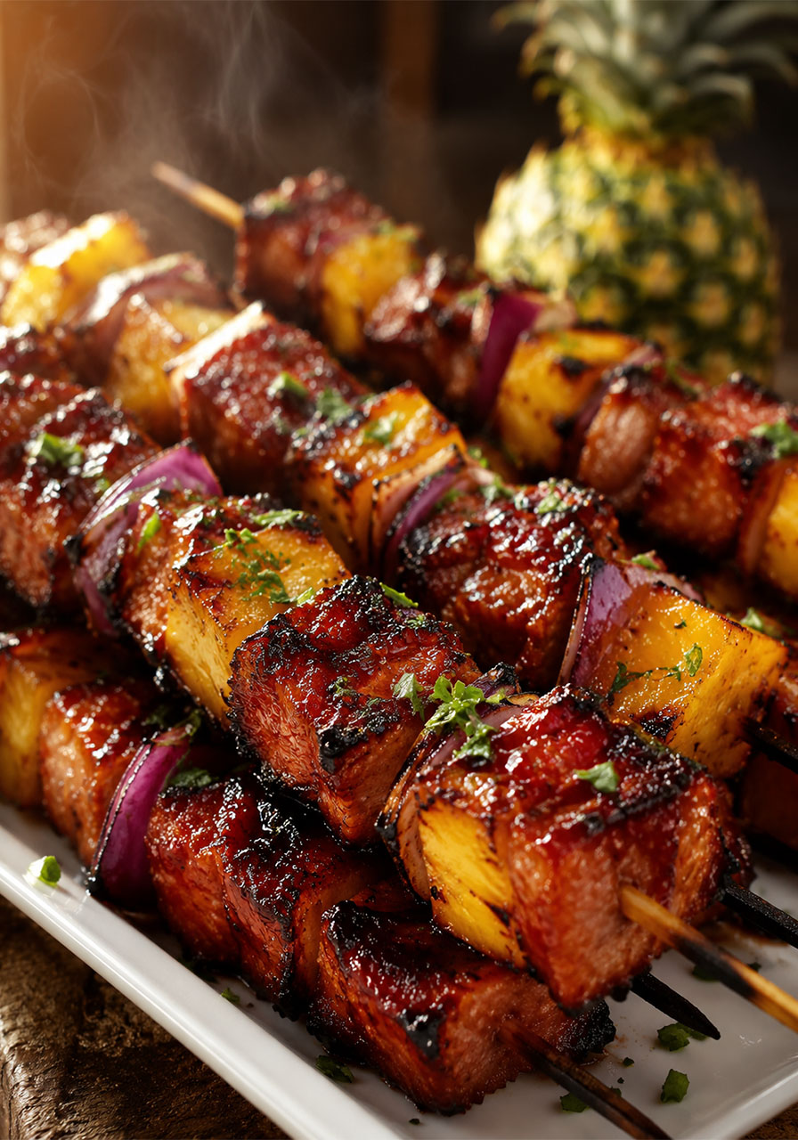 Irresistible pineapple BBQ pork skewers with caramelized glaze and char marks on a white serving platter