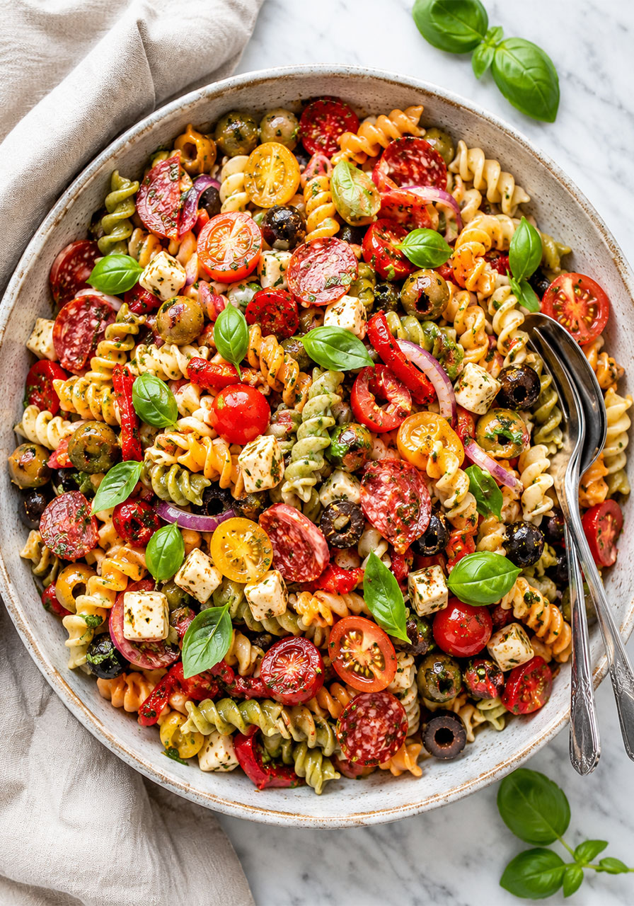 Colorful Italian pasta salad with salami olives cherry tomatoes and fresh mozzarella for summer party