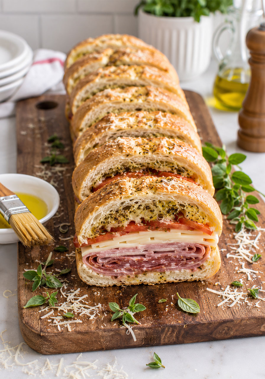 Italian submarine sandwich with ham salami and provolone sliced into portions on a cutting board, no-cook summer party food