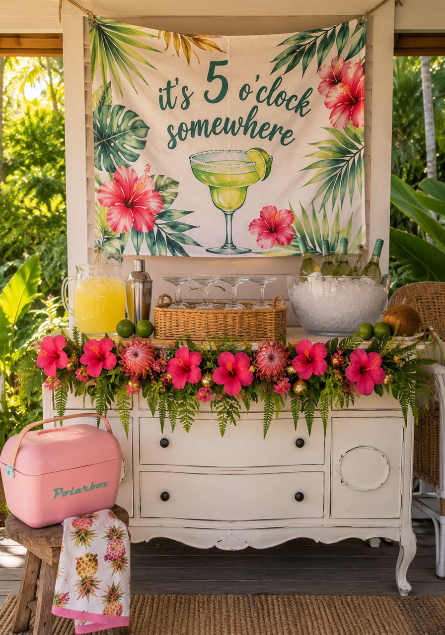 "It's 5 o'clock somewhere" Key West party bar station on a white vintage dresser with tropical garland and margarita glasses