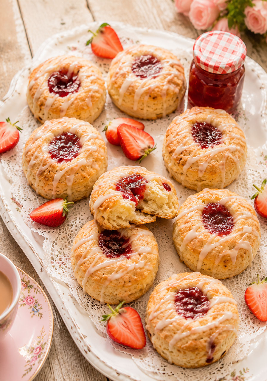 Glazed jam scones with strawberry filling on a vintage lace-lined platter for a vintage tea party