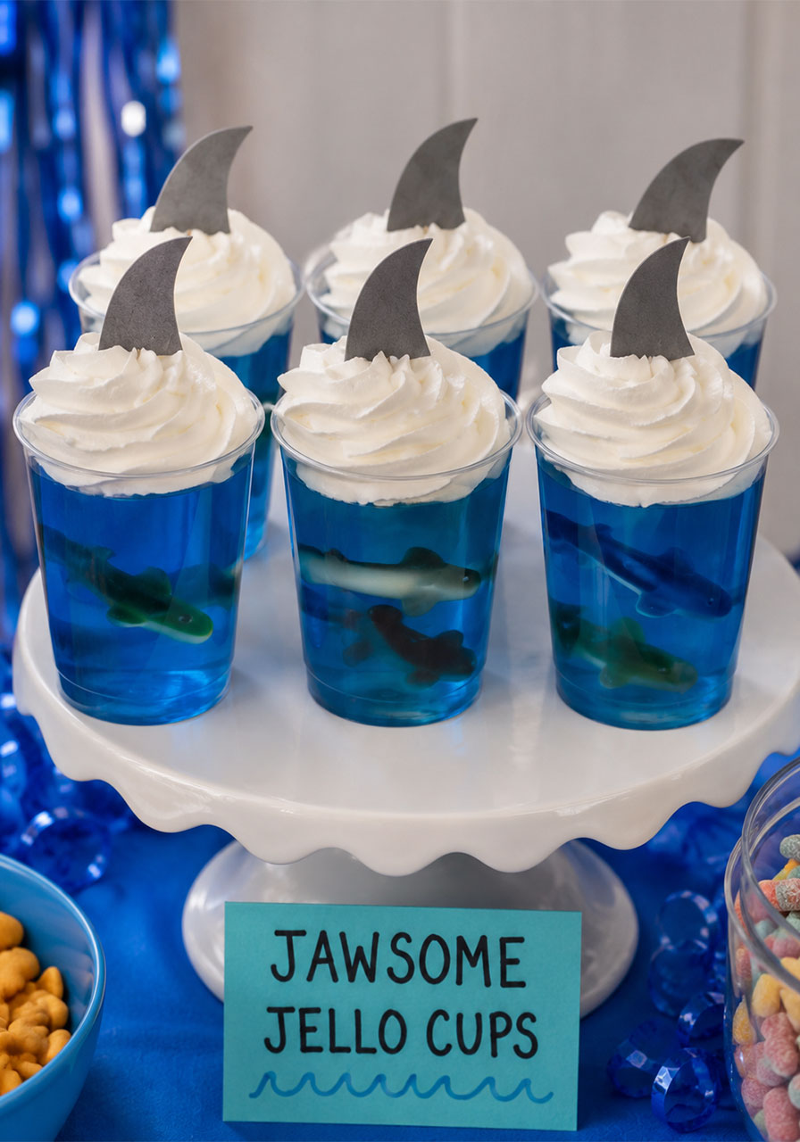 Blue jello cups with gummy sharks and whipped cream topping labeled Jawsome Jello Cups for kids shark birthday party