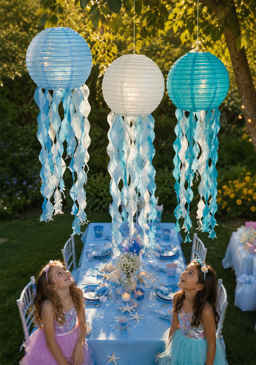DIY jellyfish paper lantern decorations hanging at an under the sea birthday party for kids