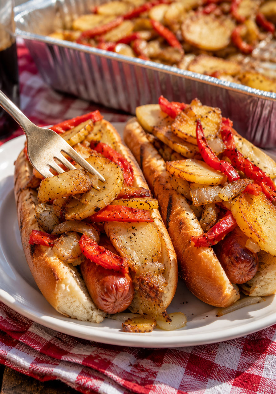 Jersey-style hot dogs loaded with garlicky potatoes, sweet red peppers and onions – hearty pool party cookout food