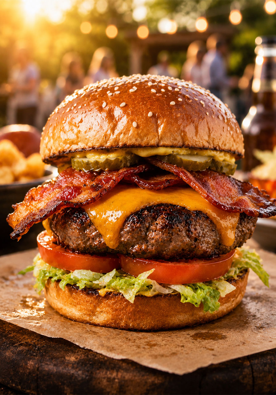 Juicy gourmet BBQ burger with cheese bacon and pickles on brioche bun for summer cookout