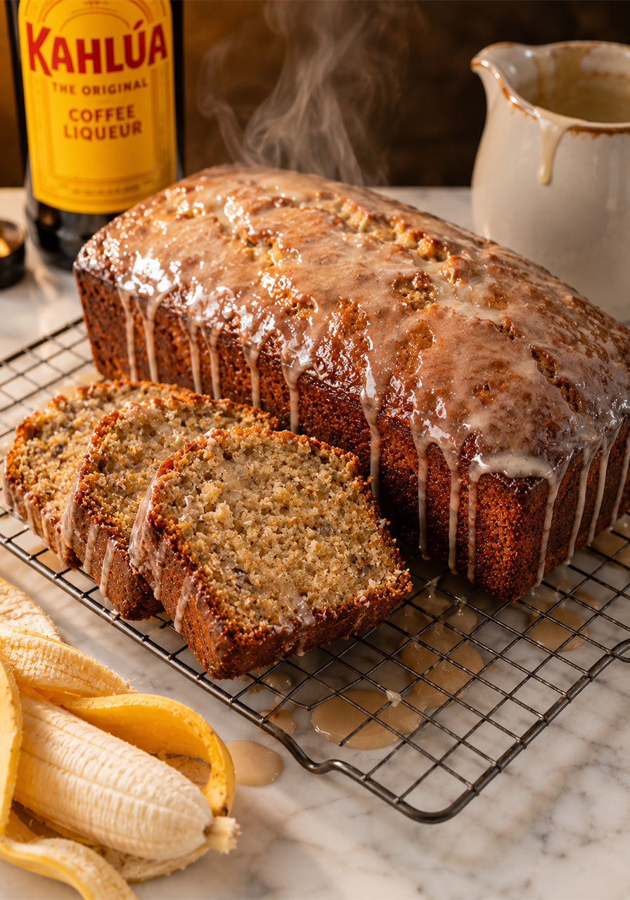 Kahlua glazed banana bread loaf on a wire rack with thick glaze dripping down the sides, three slices cut open showing the moist coconut interior