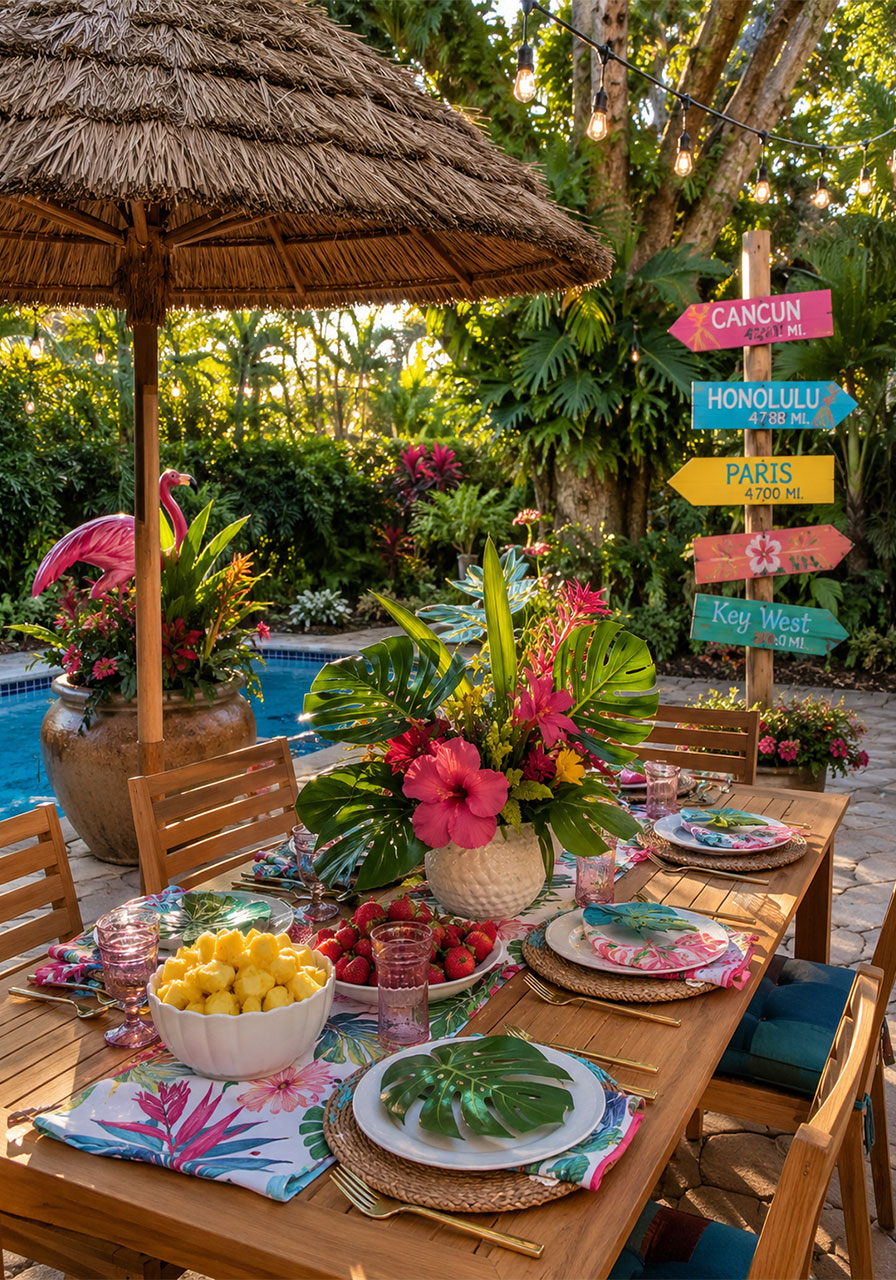 Key West party theme backyard setup with tiki umbrella, tropical flowers, mileage totem pole, and flamingo décor for a summer party