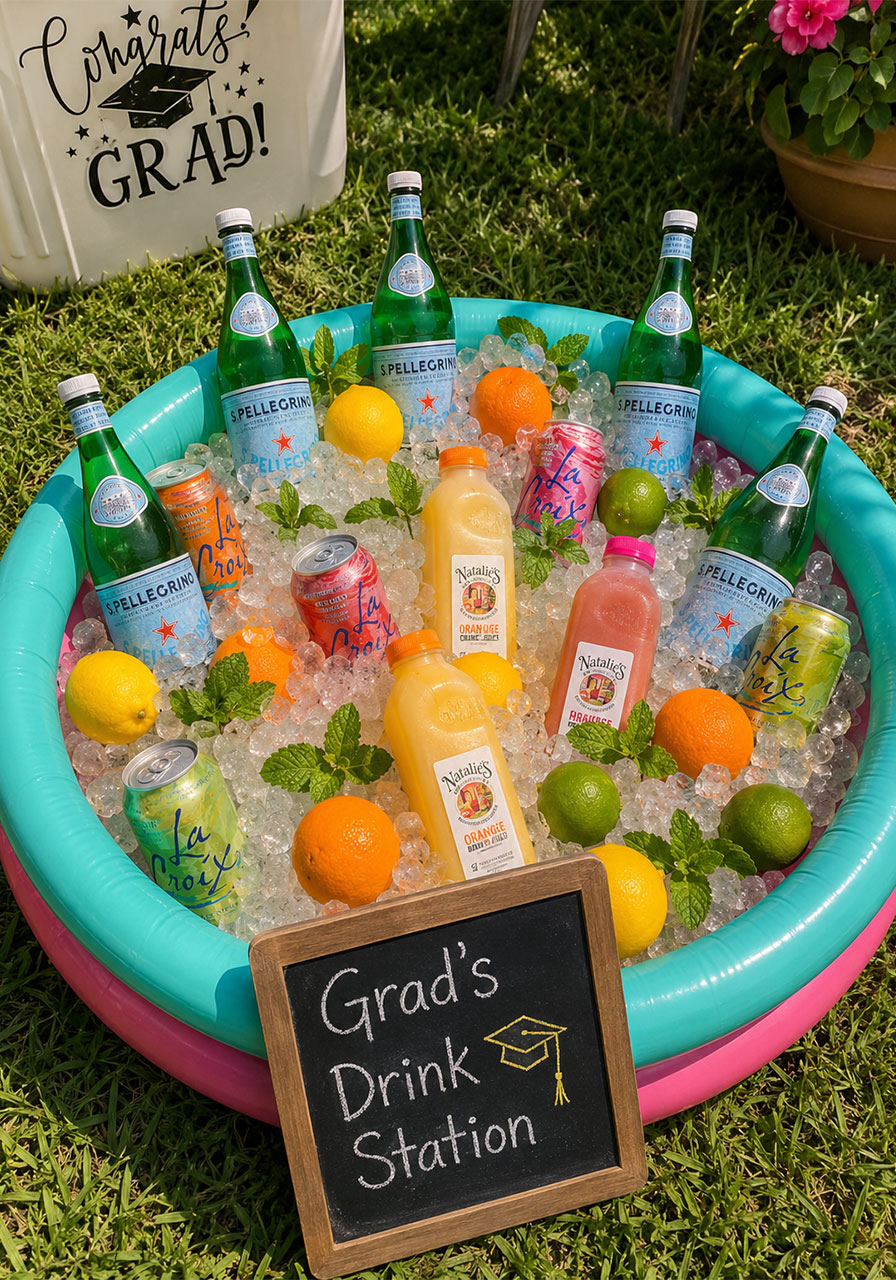 Kiddie pool filled with ice and assorted drinks as a drink station for a pool party graduation celebration