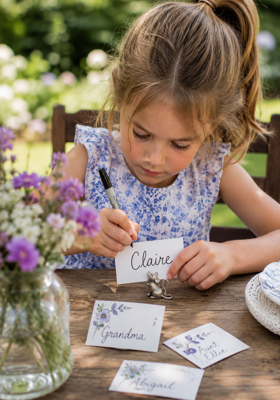 Child writing handmade place cards for a family memorial tea party tradition