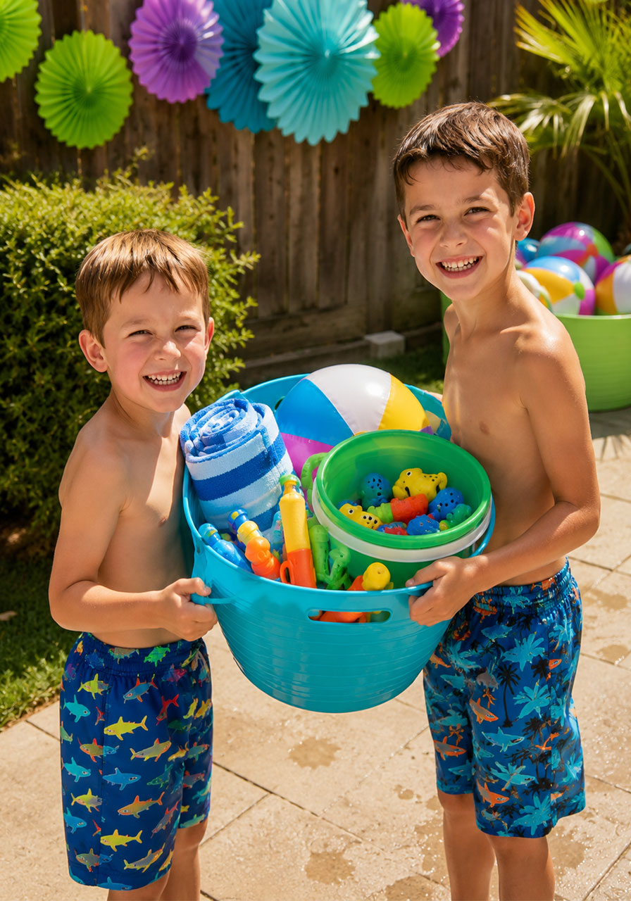 Two excited young boys holding teal party favor tub filled with colorful pool toys at backyard summer pool party