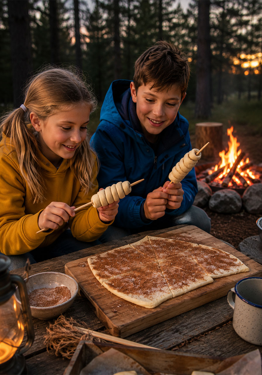 Two kids making campfire cinnamon roll-ups on sticks at a backyard bonfire party