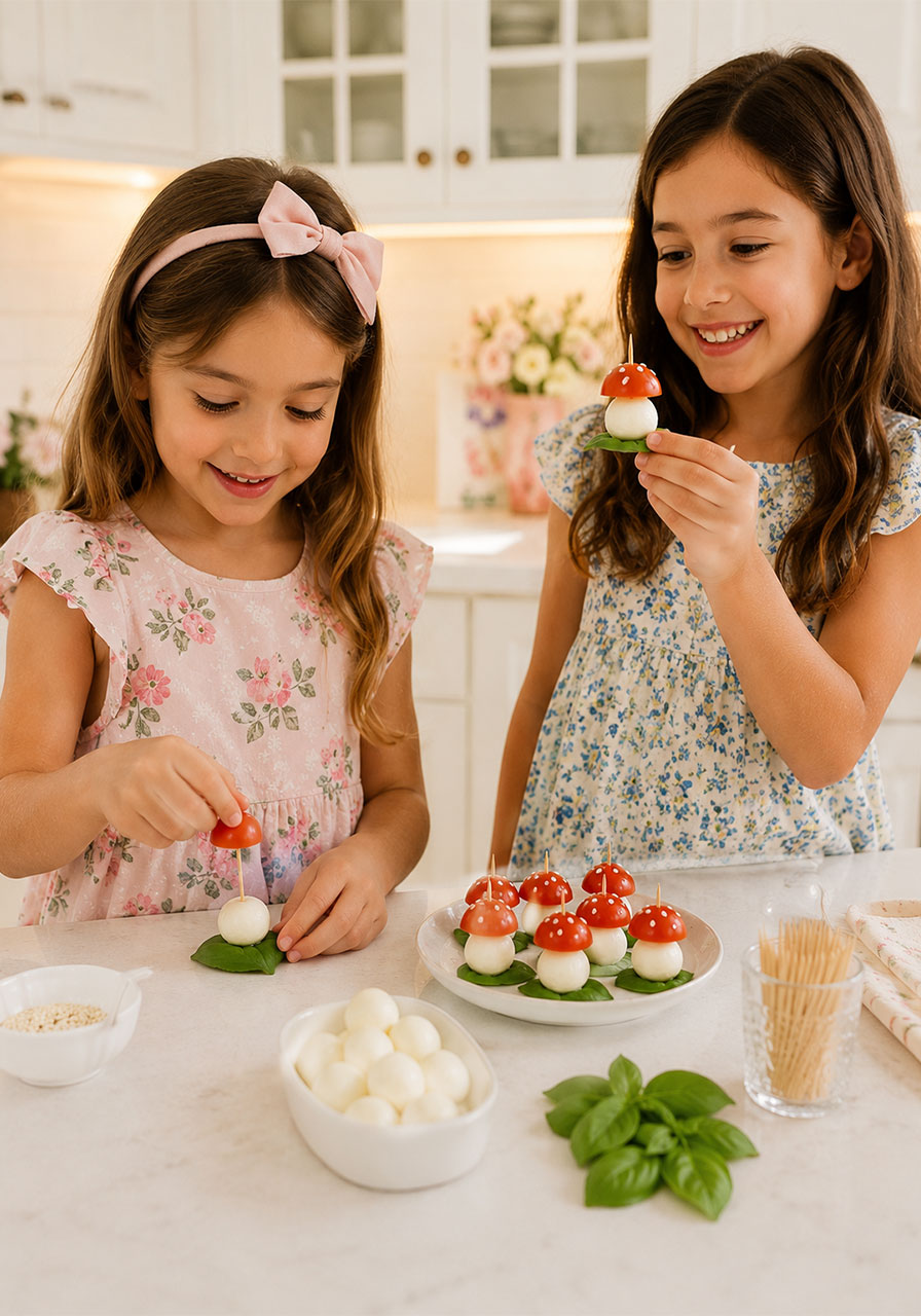 Two young girls assembling fairy toadstool caprese bites at a kitchen counter — fun kids' party food activity