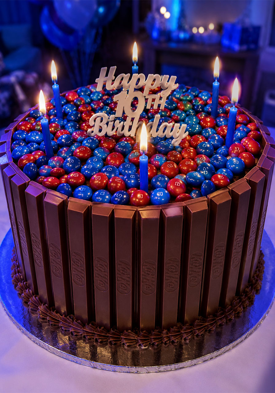Round birthday cake wrapped in Kit Kat bars with blue and red M&M topping and lit candles at a light-up party
