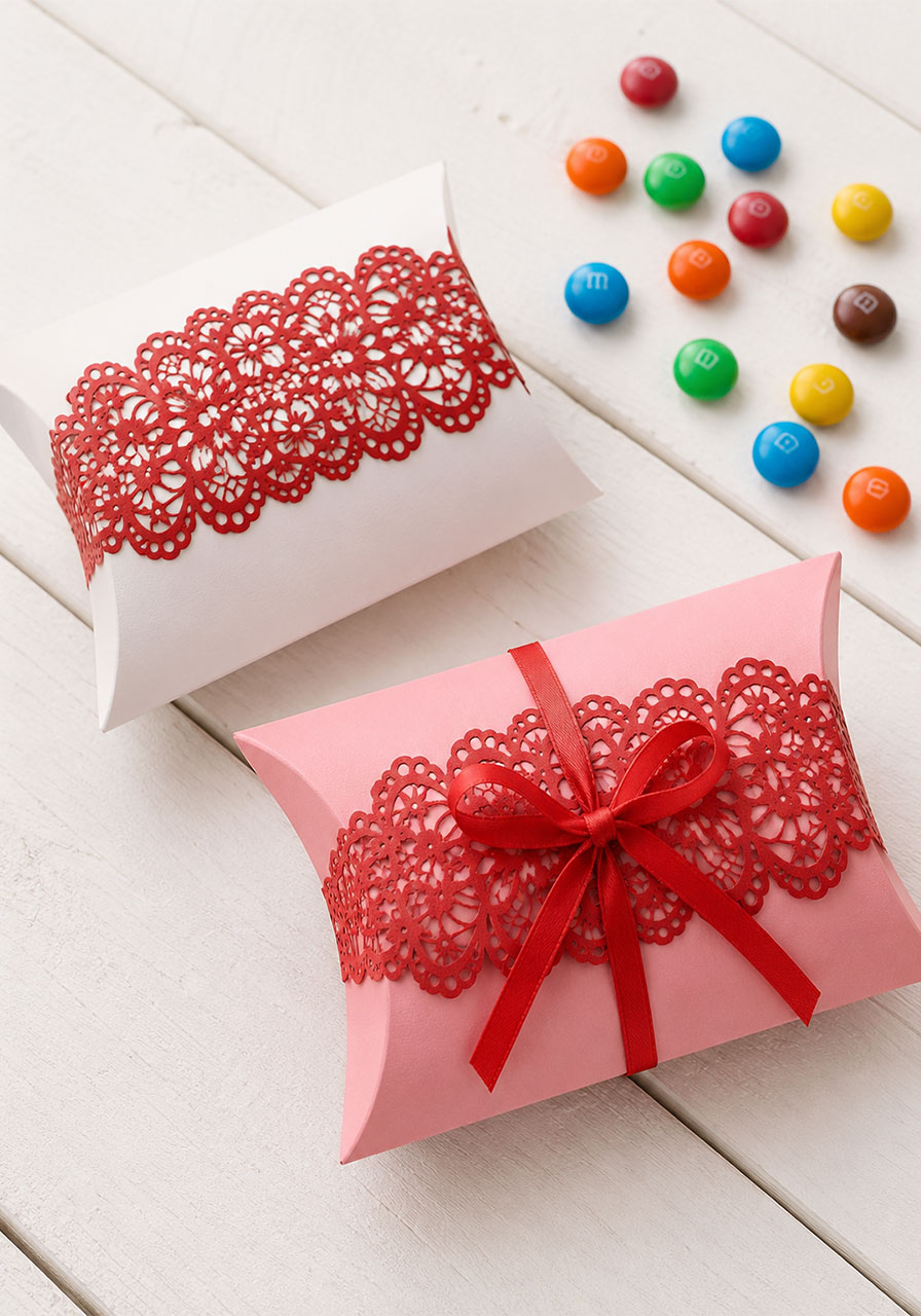 DIY lace-accented pillow boxes cut with Cricut — elegant bridal shower party favor packaging idea