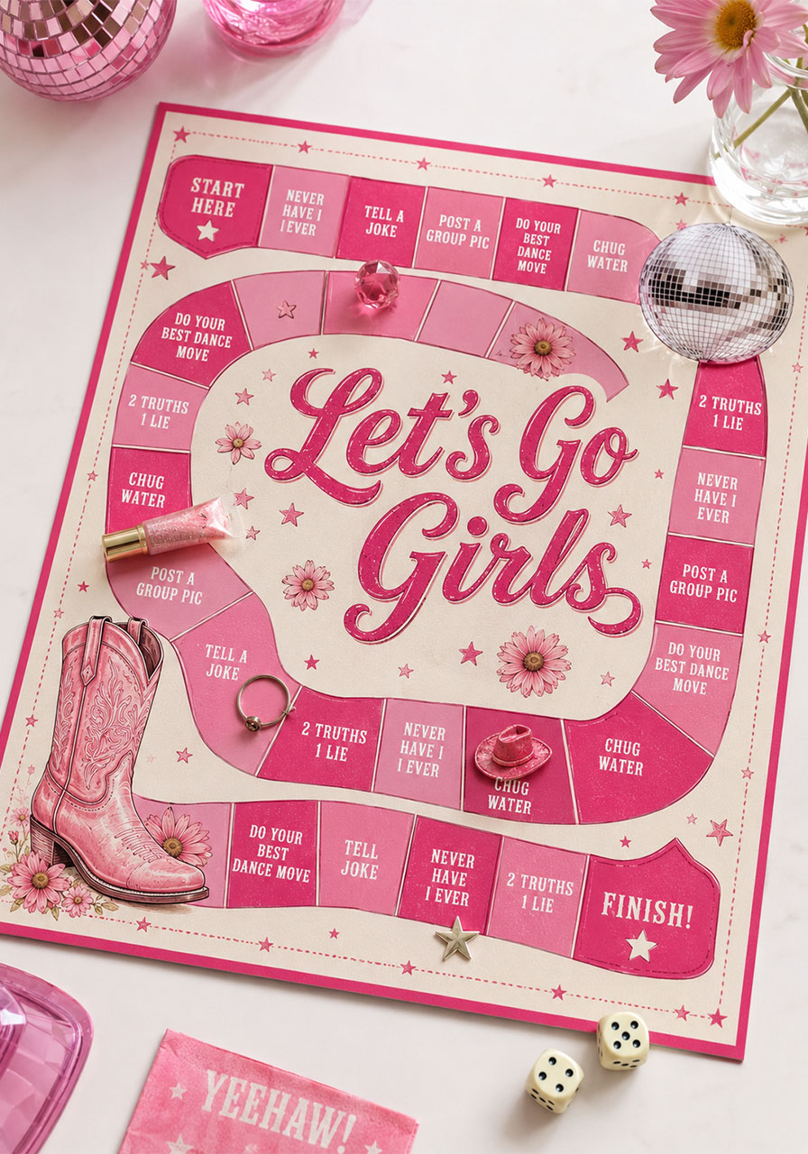 Last disco rodeo bachelorette party game board with pink western design and challenge squares