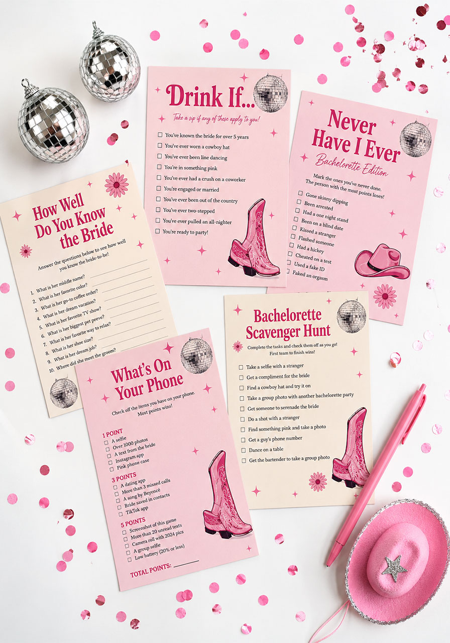 Printable last disco rodeo bachelorette party games bundle with five game cards on pink western design