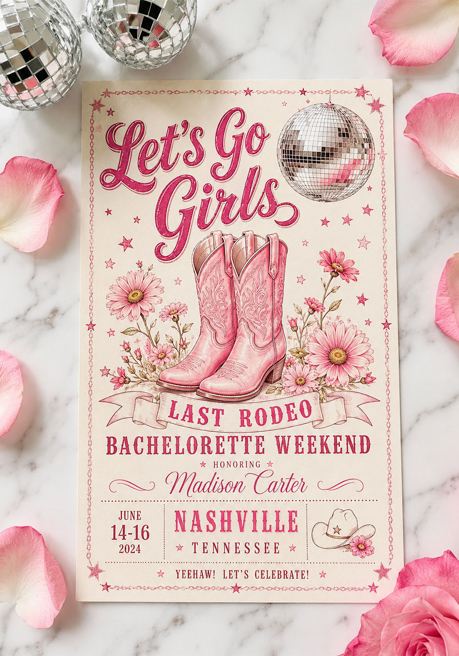 Last disco rodeo bachelorette party invitation with pink cowboy boots and disco ball design